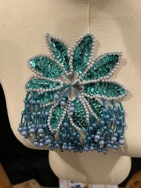 Beaded Teal Flower Appliqué Accent - Women Accessories